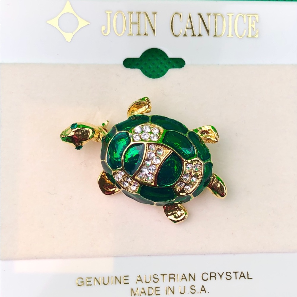John Candice Crystal Gold Tone Turtle Brooch